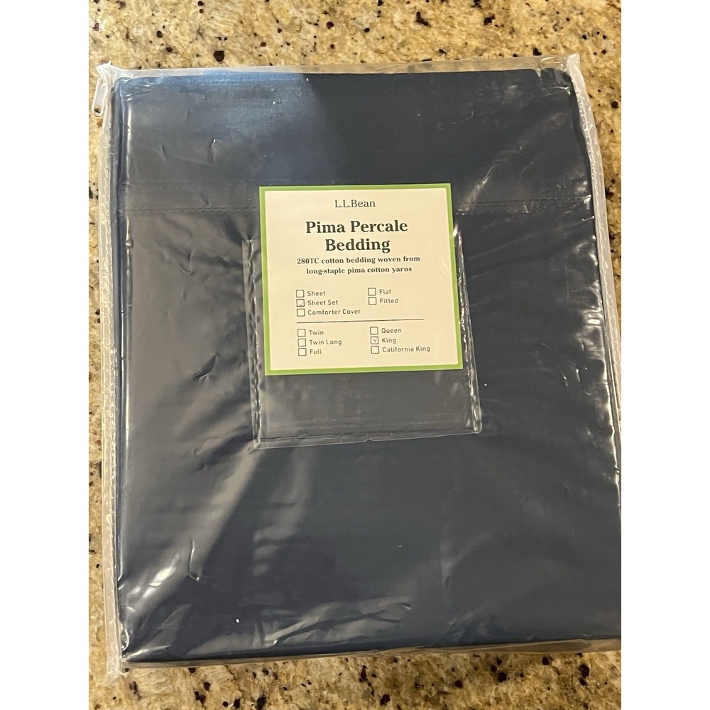 L.L.Bean Pima Percale Bedding 280TC King Sheets Mariner Blue Cotton NEW Navy